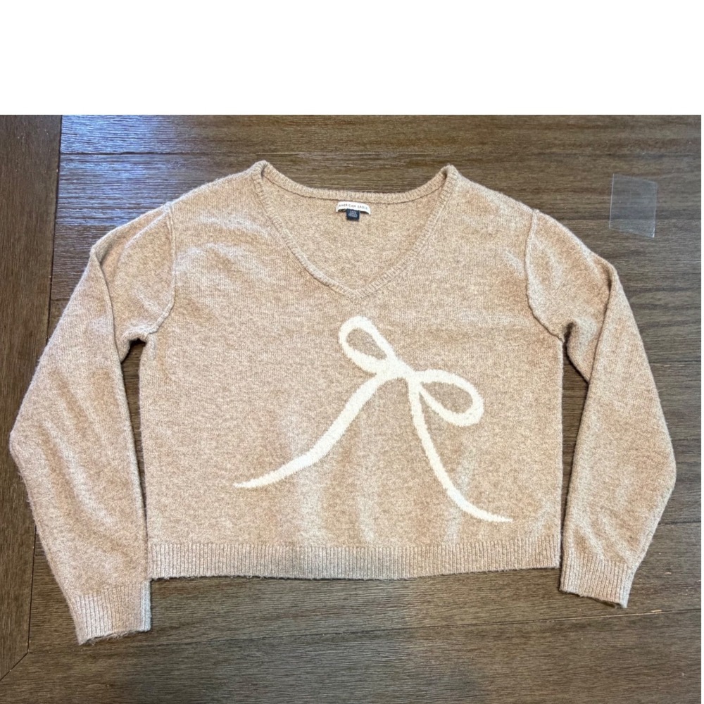 American Eagle Women Tan V-Neck Bow Graphic Pullover Sweater Small Soft‎